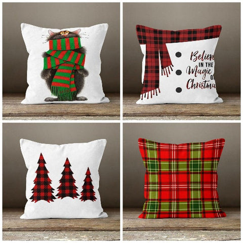 Christmas Pillow Covers|Xmas Cushion Case|Plaid Pattern Pillow Case|Xmas Home Decor|Xmas Gift Ideas|Plaid Tree Scarf Decor|Xmas Gift Decor