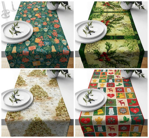 Christmas Table Runners|Winter Trend Table Runner|Xmas Berry Home Decor|Decorated Xmas Tree Table Decor|Xmas Icons Runner Tablecloth
