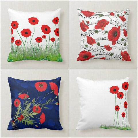 Red Poppy Pillow Covers|Red Floral Cushion Cases|Decorative Poppy Throw Pillow|Bedding Home Decor|Farmhouse Style Housewarming Pillow Cases