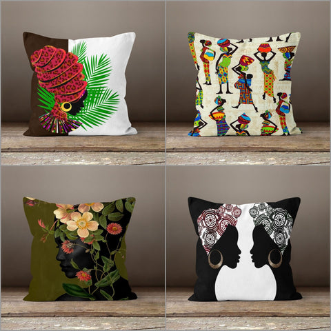 African Girl Cushion Case|Decorative Outdoor Throw Pillow|Floral Bedding Home Decor|Farmhouse Style Pillow Case|Ethnic Design Cushion Case