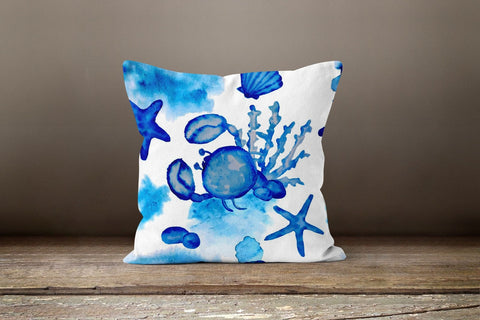 Nautical Pillow Case|Navy Blue Marine Pillow Cover|Decorative Turquoise Cushions|Coastal Throw Pillow|Starfish Oyster Crab Seashell Pillow