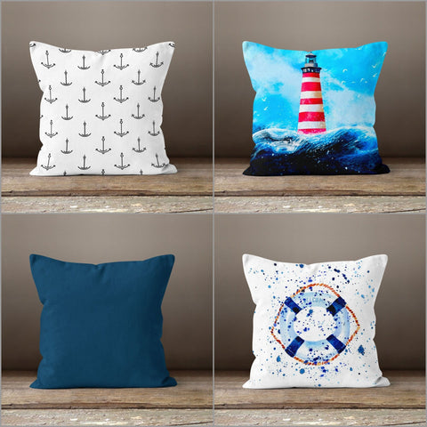 Nautical Pillow Case|Navy Marine Pillow Cover|Decorative Beach Cushions|Anchor Lighthouse and Life Saver Throw Pillow|Beach Home Decor