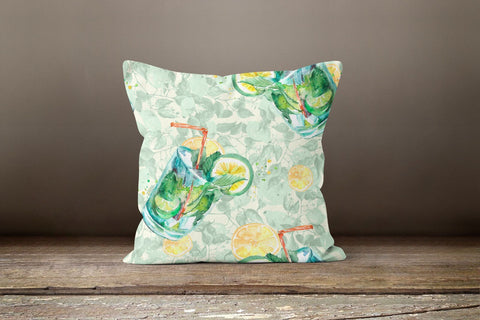 Floral Lemon Pillow Cover|Decorative Lemonade Cushion Case|Blue and Gray Leaves Home Decor|Housewarming Citrus Pillow|Farmhouse Pillow Case