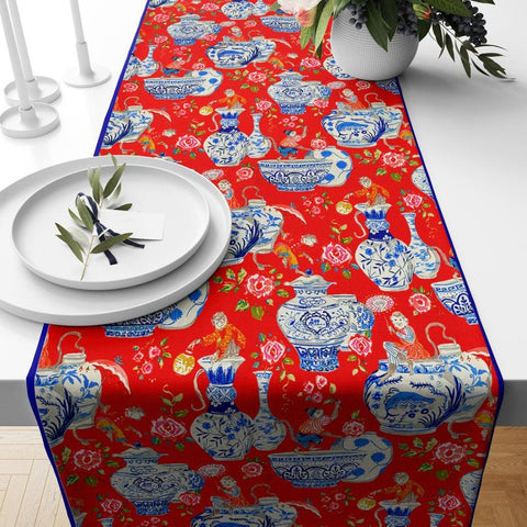 Decorative Table Runner|Evil Eye Table Top|Zigzag Pattern Home Decor|Red Blue Tile Vase Tablecloth|Geometric Bike Chain Pattern Table Runner