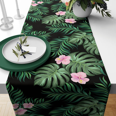 Green Plants Table Runner|Summer Trend Table Top|Floral Home Decor|Blue Leaves Tablecloth|Decorative Table Runner|Leaves on Zigzag Pattern
