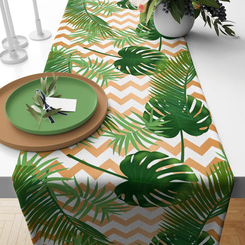Green Plants Table Runner|Summer Trend Table Top|Floral Home Decor|Blue Leaves Tablecloth|Decorative Table Runner|Leaves on Zigzag Pattern