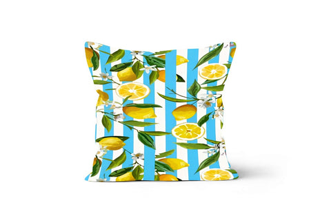 Lemon Pillow Cover|Decorative Authentic Lemon Tree Cushion|Lemons Home Decor|Housewarming Yellow Citrus|Floral Lemons Striped Pillow Case
