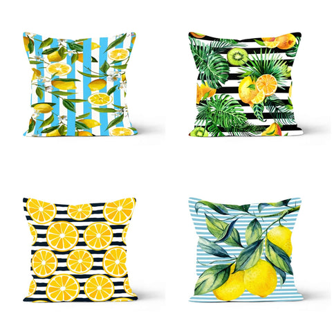 Lemon Pillow Cover|Decorative Authentic Lemon Tree Cushion|Lemons Home Decor|Housewarming Yellow Citrus|Floral Lemons Striped Pillow Case