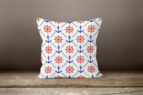 Nautical Pillow Case|Navy Anchor Pillow Cover|Decorative Beach House Cushions|Anchor and Wheel Throw Pillow|Sailor Rope and Knot Home Decor