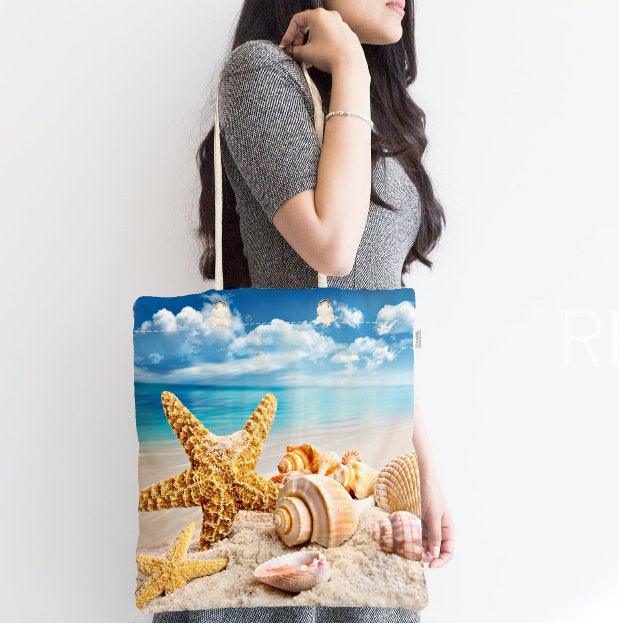 Coastal Shoulder Bag|Colorful Starfish Fabric Handbag|Seashells Handbag|Marine Beach Tote Bag|Digital Print Messenger Bag|Summer Trend Bag