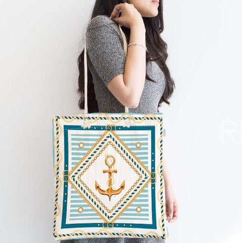Nautical Shoulder Bag|Navy Anchor Fabric Handbag|Striped Navy Anchor and Wheel Handbag|Marine Beach Tote Bag|Digital Print Messenger Bag