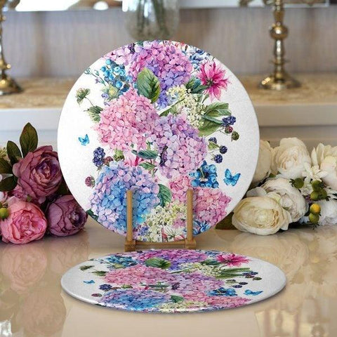 Floral Placemat|Set of 2 Flower Supla Table Mat|Purple Flowers Round American Service Dining Underplate|Farmhouse Style Floral Coasters