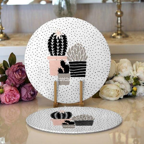 Cactus Placemat|Set of 2 Cactus Supla Table Mat|Succulent Round American Service Dining Underplate|Farmhouse Style Black-Gray Cactus Coaster