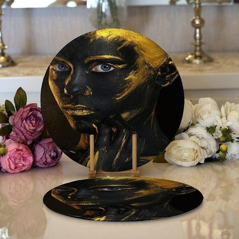 African Girl Placemat|Set of 2 Ethnic Supla Table Mat|Black Girl Round American Service Dining Underplate|Farmhouse Style Black-Gold Coaster