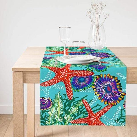 Beach Table Runner|High Quality Suede Sea Creatures Table Runner|Starfish Table Cover|Decorative Nautical Tabletop|Outdoor Beach House Decor