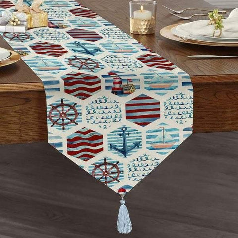Nautical Table Runner|High Quality Triangle Chenille Table Runner|Navy Anchor Table Decor|Striped Anchor Home Decor|Tasseled Chenille Runner