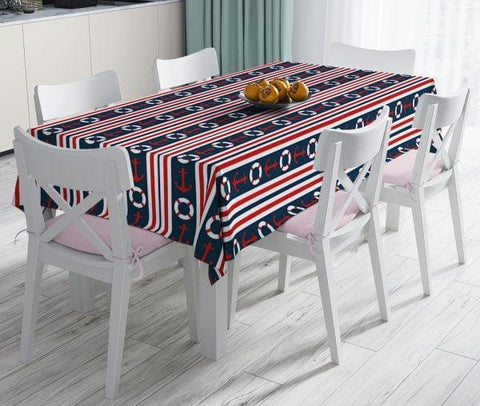 Nautical Tablecloth|Navy Anchor Table Decor|Navy Wheel and Life Saver Tabletop|Navy Design Home Decor|Striped Nautical Objects Tabletop