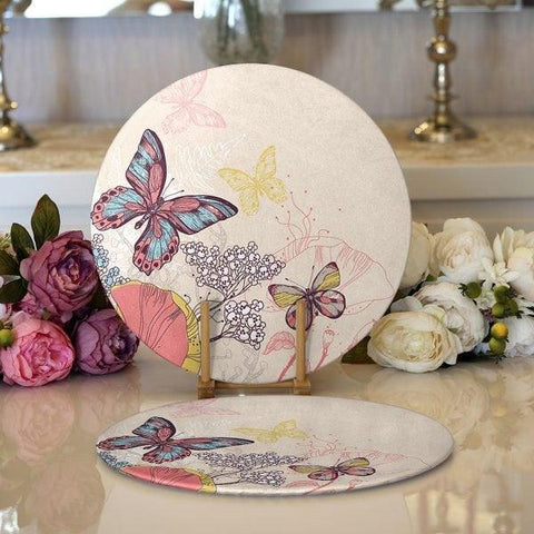 Butterfly Placemat|Set of 2 Butterfly Supla Table Mat|Decorative Round American Service Dining Underplate|Colorful Butterfly Coasters