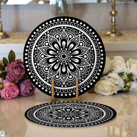 Tiled Mandala Placemat|Set of 2 Tiled Mandala Supla Table Mat|Decorative Round American Service Dining Underplate|Black and Gold Coasters