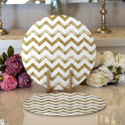 Zig Zag Pattern Placemat|Set of 2 Zig Zag Pattern Supla Table Mat|Decorative Round American Service Dining Underplate|Gold and White Coaster