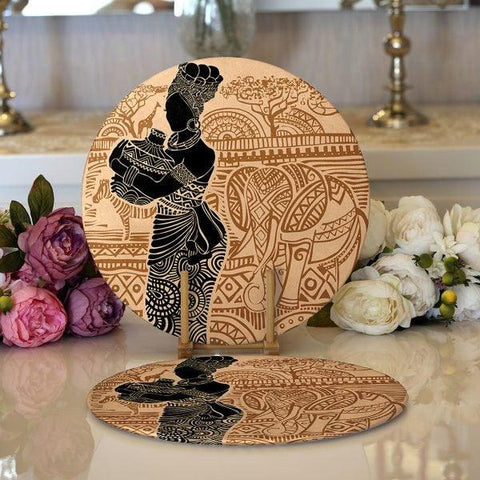 African Woman Placemat|Set of 2 Ethnic Supla Table Mat|Black Woman Round American Service Dining Underplate|Farmhouse Black-Brown Coasters