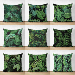 Tropical Plants Pillow Cover|Green Leaves Pillow Cover|Floral Cushion Case|Decorative Pillow Case|Green and Black Pillow|Summer Trend Pillow