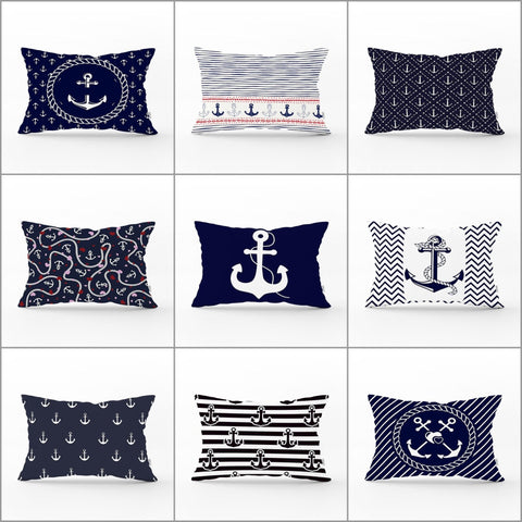 Nautical Pillow Case|Navy Anchor Pillow Cover|Decorative Yacht Cushions|Rectangle Beach House Pillows|Blue White Coastal Cushion Covers