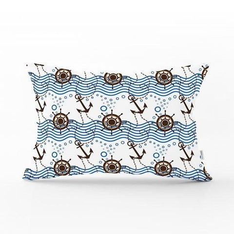 Nautical Pillow Case|Navy Anchor and Wheel Pillow Cover|Decorative Yacht Cushion|Rectangle Beach House Pillows|Striped Coastal Cushion Cover