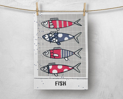 Fish Kitchen Towel|Seafood Print Dish Towel|Coastal Tea Towel|Housewarming Summer Trend Hand Towel|Colorful Fishes Towel for Restaurant