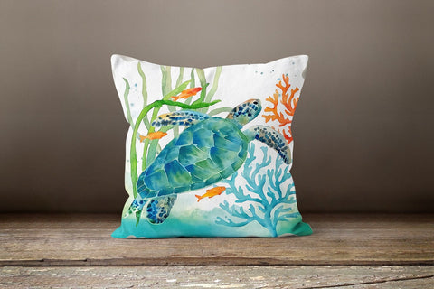 Nautical Pillow Case|Coastal Pillow Cover|Summer Trend Navy Blue Marine Cushion|Sea Turtle Throw Pillow|Fish Seahorse Crab Beach House Decor