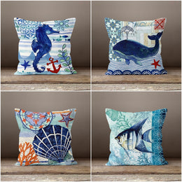 Coastal Pillow Case|Navy Marine Pillow Cover|Decorative Whale Fish Cushions|Nautical Throw Pillow|Blue Seashell Home Decor|Beach House Decor