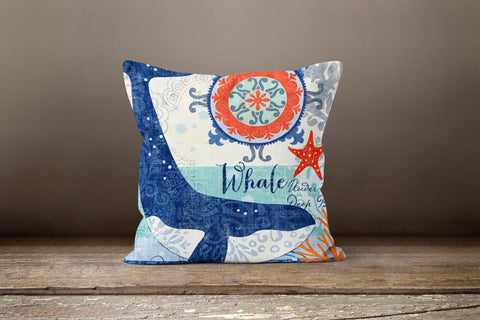Beach House Pillow Cover|Coastal Pillow Cover|Decorative Whale Sea Turtle Octopus Seahorse Cushion|Yacht Throw Pillow|Nautical Lumbar Pillow