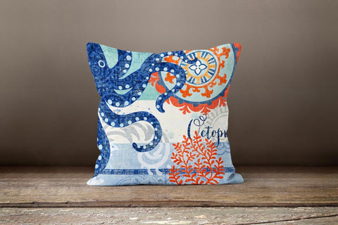 Beach House Pillow Cover|Coastal Pillow Cover|Decorative Whale Sea Turtle Octopus Seahorse Cushion|Yacht Throw Pillow|Nautical Lumbar Pillow