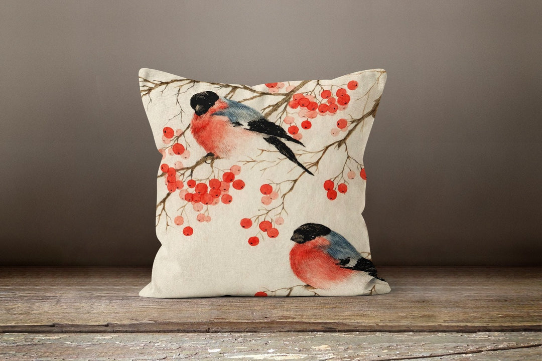 Floral Bird Pillow Case|Birds and Red Berries Pillow Cover|Yellow Floral Cushion Case|Housewarming Boho Pillow Top|Summer Porch Cushion Case