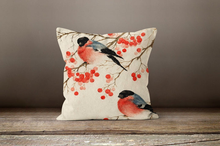 Floral Bird Pillow Case|Birds and Red Berries Pillow Cover|Yellow Floral Cushion Case|Housewarming Boho Pillow Top|Summer Porch Cushion Case