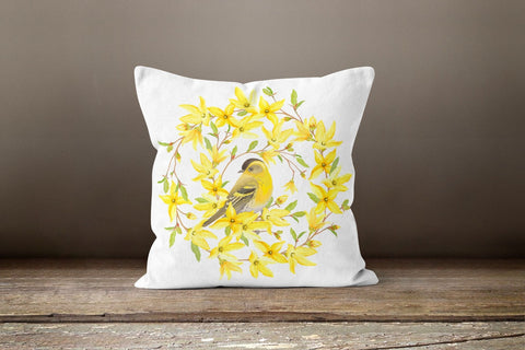 Floral Bird Pillow Case|Birds and Red Berries Pillow Cover|Yellow Floral Cushion Case|Housewarming Boho Pillow Top|Summer Porch Cushion Case