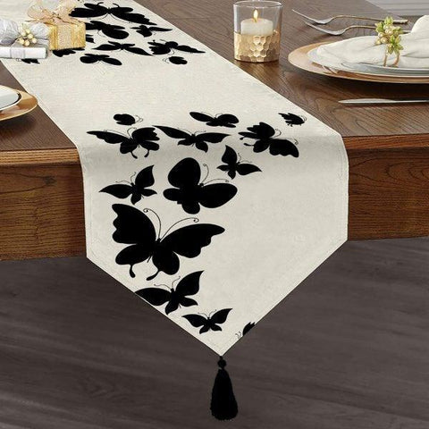 Butterfly Table Runner|High Quality Triangle Chenille Table Runner|Summer Trend Floral Butterfly Tabletop|Black Butterfly Print Table Runner