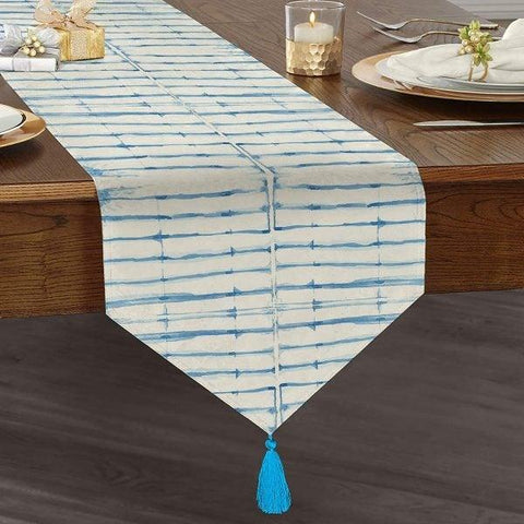 Bluish Table Runner|High Quality Triangle Chenille Table Runner|Decorative Geometric Tabletop|Blue White Runner|Authentic Tasseled Runner