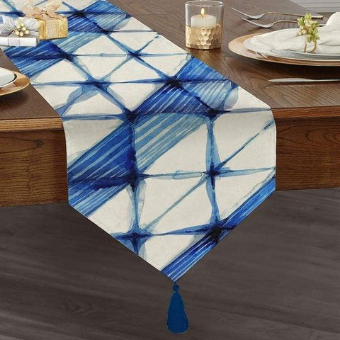Bluish Table Runner|High Quality Triangle Chenille Table Runner|Decorative Geometric Tabletop|Blue White Runner|Authentic Tasseled Runner
