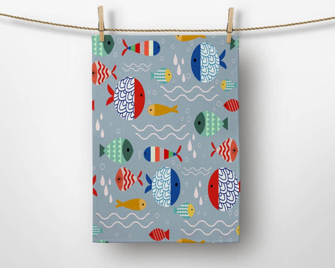 Fish Kitchen Towel|Starfish Seashell and Oyster Print Dish Towel|Coastal Tea Towel|Housewarming Summer Trend Hand Towel|Towel for Restaurant