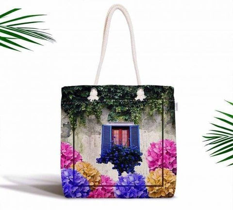Floral Shoulder Bag|Fabric Handbag with Purple Ivy|Floral Landscape Bag|Window with Flowers Tote Bag|Summer Trend Messenger Bag|Gift for Her
