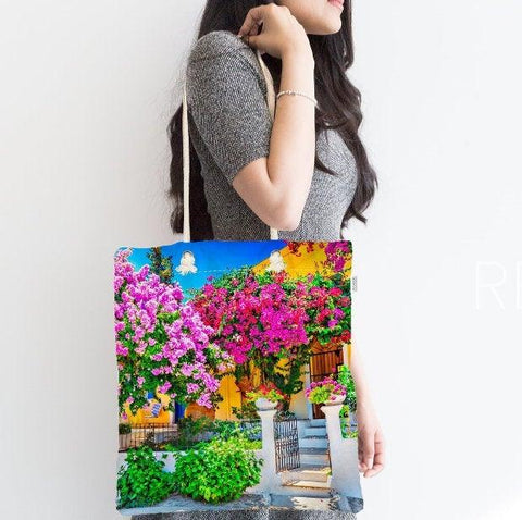 Floral Shoulder Bag|Fabric Handbag with Flowers|Floral Landscape Bag|Houses with Flowers Tote Bag|Summer Trend Messenger Bag|Gift for Her