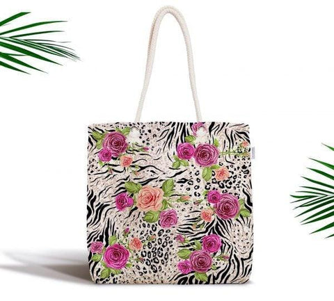 Floral Shoulder Bag|Fabric Handbag with Pinky and White Flowers|Floral Beach Tote Bag|Summer Trend Messenger Bag|Modern Gift Bag for Her
