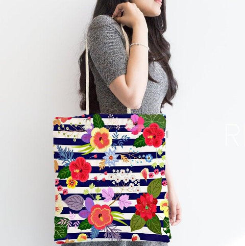 Floral Shoulder Bag|Fabric Handbag with Flowers|Flowers on Black Background Bag|Striped Tote Bag|Summer Trend Messenger Bag|Gift for Her
