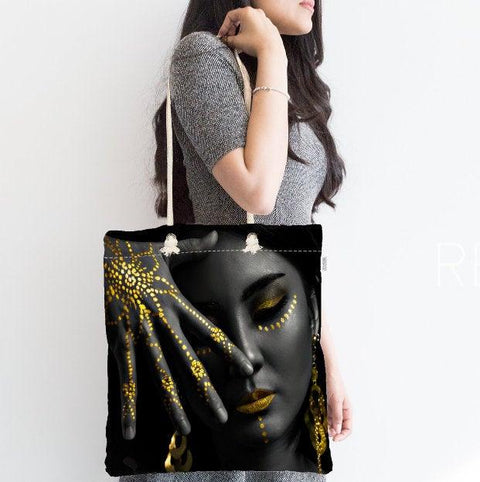 African Beauty Fabric Bag|Fabric Shoulder Bag|Bohemian Black Girl Beach Tote Bag|Digital Print Shopping Tote Bag for Women|Ethnic Picnic Bag