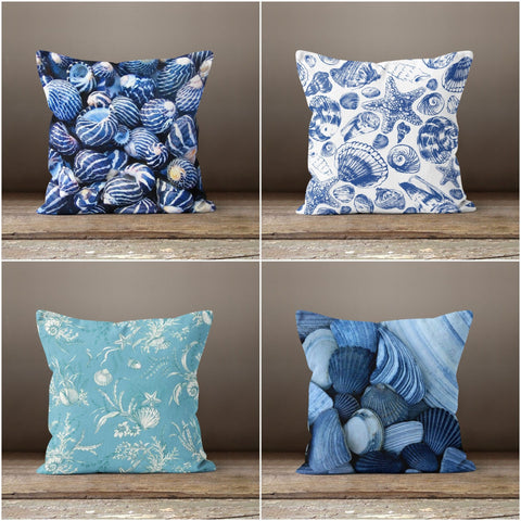 Beach House Pillow Case|Blue White Seashell Throw Pillow|Nautical Home Decor|Navy Marine Pillow Cover|Blue Cushion Cover|Coastal Pillow Top