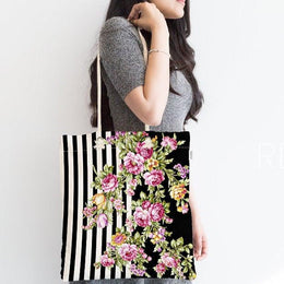Floral Shoulder Bag|Fabric Handbag with Flower|Floral Geometric Pattern Purse|Striped Beach Tote Bag|Summer Trend Messenger Bag|Gift for Her