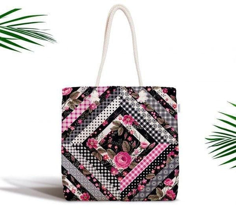 Floral Shoulder Bag|Fabric Handbag with Flower|Flower Purse with Geometric Background|Beach Tote Bag|Summer Trend Messenger Bag|Gift for Her