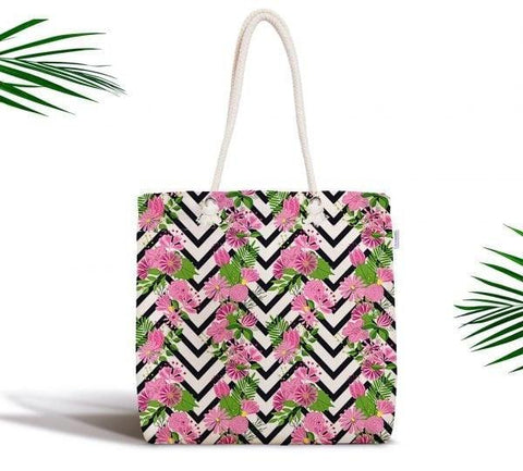 Floral Shoulder Bag|Fabric Handbag with Flower|Flower Purse with Zigzag Background|Beach Tote Bag|Summer Trend Messenger Bag|Gift for Her