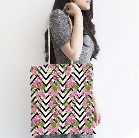 Floral Shoulder Bag|Fabric Handbag with Flower|Flower Purse with Zigzag Background|Beach Tote Bag|Summer Trend Messenger Bag|Gift for Her